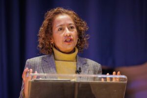 Samira Ahmed speaking on stage