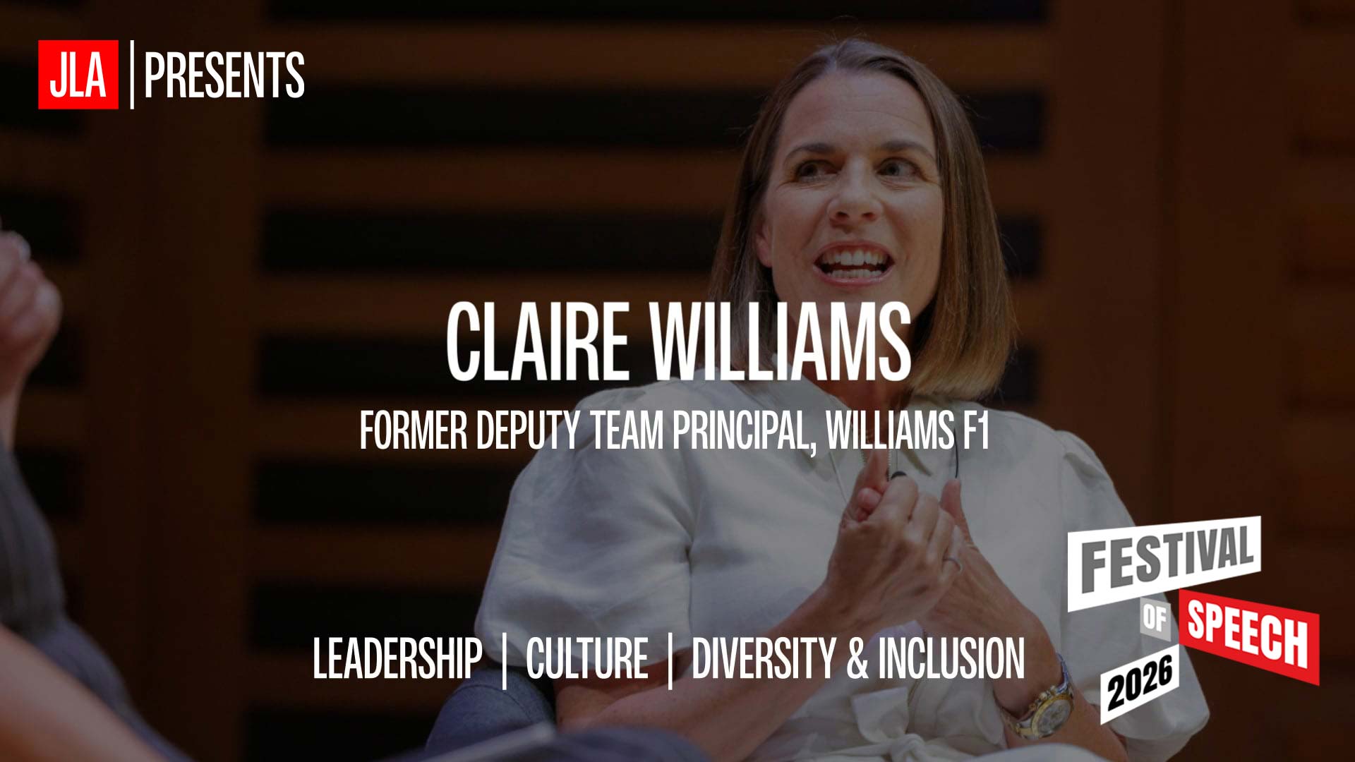 Claire Williams speaking on stage at JLA's Festival of Speech