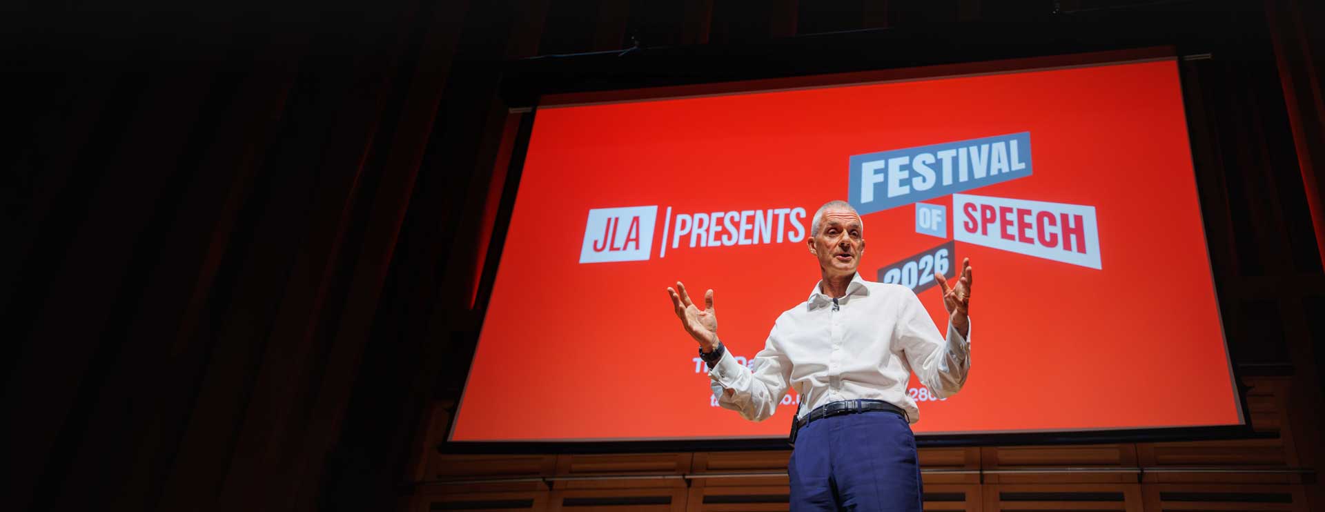 Tim Davie on stage at JLA's Festival of Speech