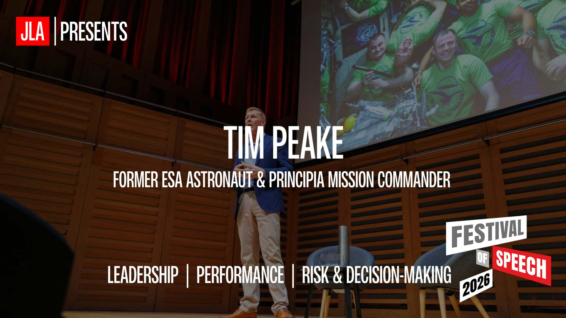 Tim Peake speaking on stage at JLAs Festival of Speech 2026
