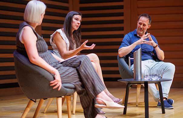 Ben Legg and Laura Gilbert discussing AI on stage at JLA's festival of speech