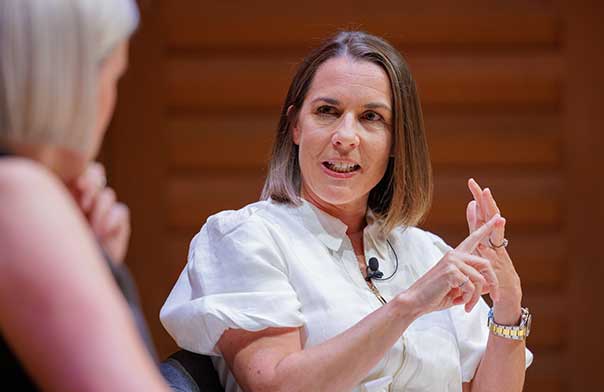 Claire Williams speaking on stage at the Festival of Speech 2026 about leadership.